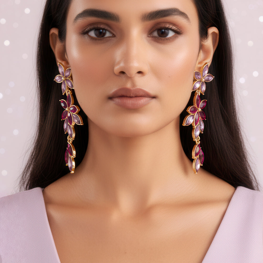 PRAO Anti-Tarnish Flowery Long Dangle Crystal Earrings