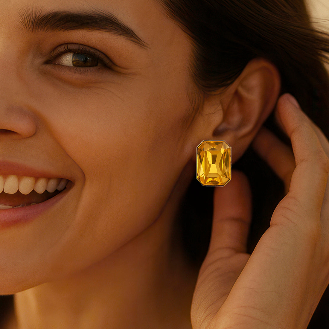 PRAO Anti-Tarnish Rectangle Shape Light Topaz Crystal Earrings