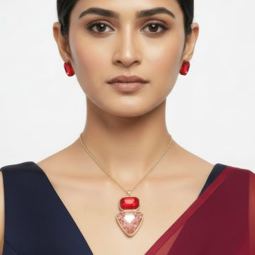 PRAO Anti-Tarnish Rectangle & Triangle Pendant Necklace with Earrings