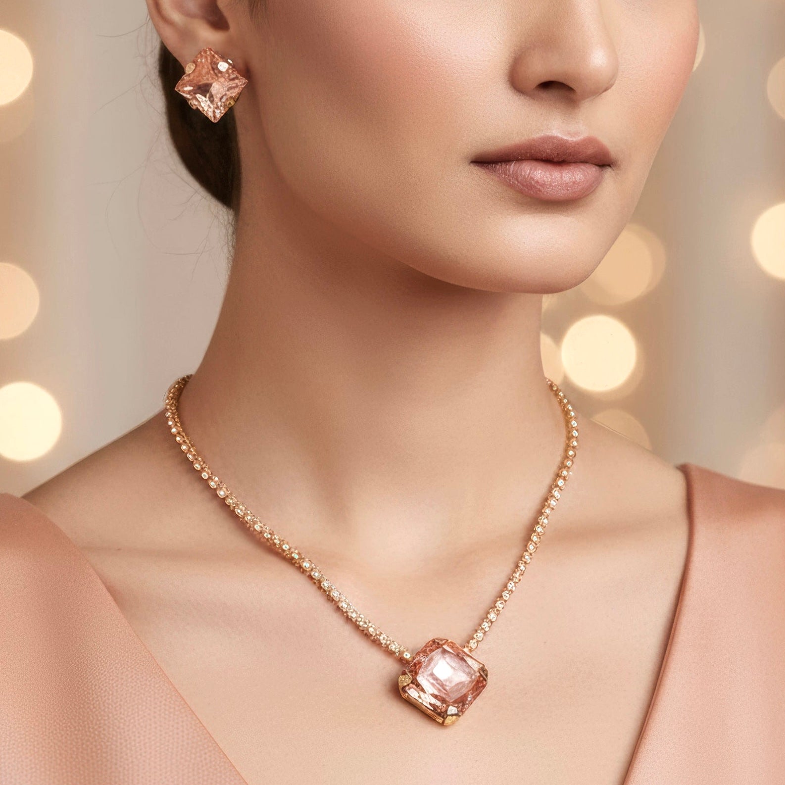 PRAO Anti-Tarnish Rhinestone Chain Pendant Necklace Set With Earrings