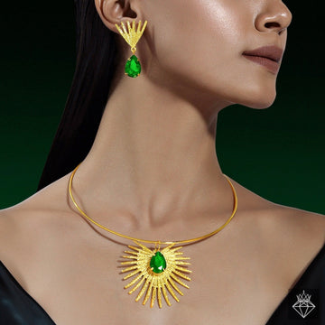 PRAO Anti-Tarnish Emerald Necklace Set With Earrings