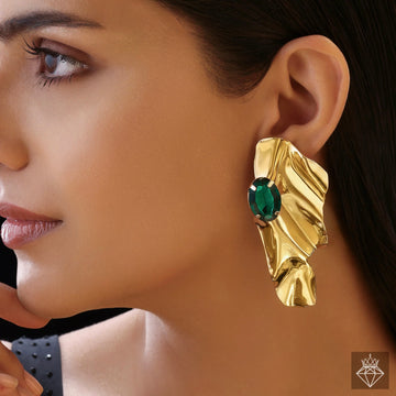 PRAO Anti-Tarnish Golden Statement Emerald Earrings Set