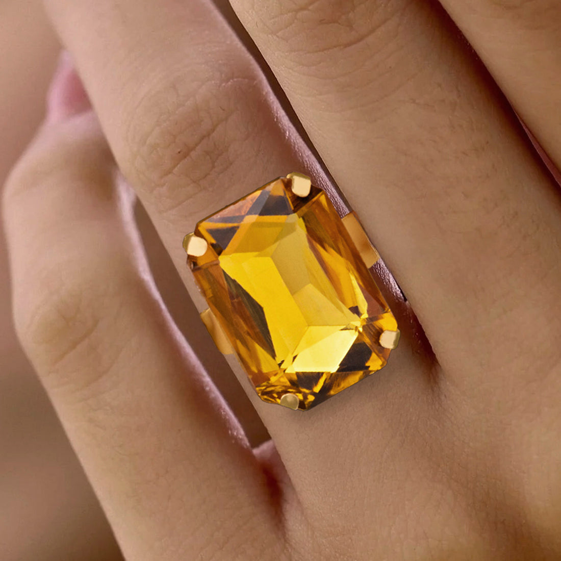 PRAO Anti-Tarnish Rectangle Shape Light Topaz Crystal Ring