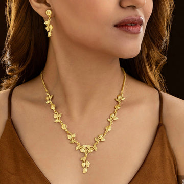 PRAO Anti-Tarnish Golden Leaves Necklace Set With Earrings