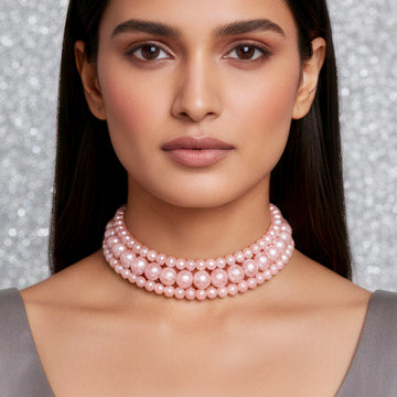 PRAO Triple Layer Rose Pink Pearl Choker Necklace