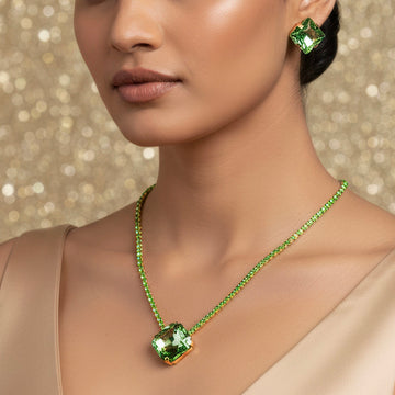 PRAO Anti-Tarnish Rhinestone Chain Pendant Necklace Set With Earrings