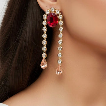 PRAO Anti-Tarnish Oval Dangle Earrings With Studded Chain & Drop Crystal