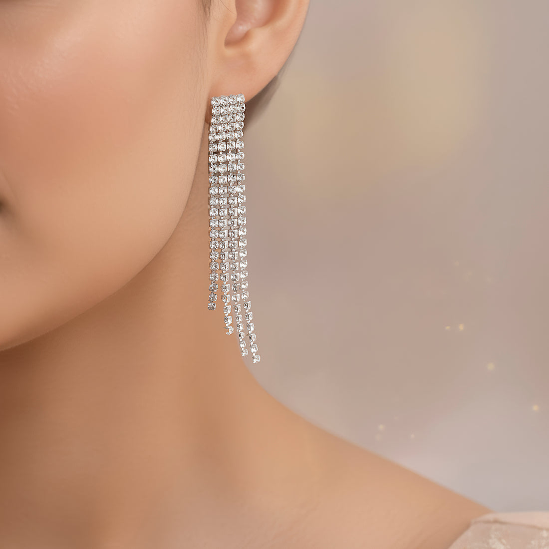 PRAO Anti-Tarnish Rhinestone Chain Necklace Set With Earrings