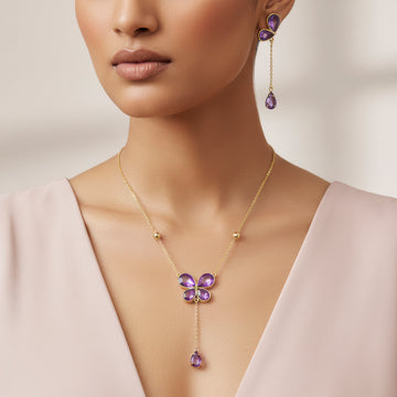 PRAO Anti-Tarnish Purple Crystal Butterfly Necklace Set  With Earrings