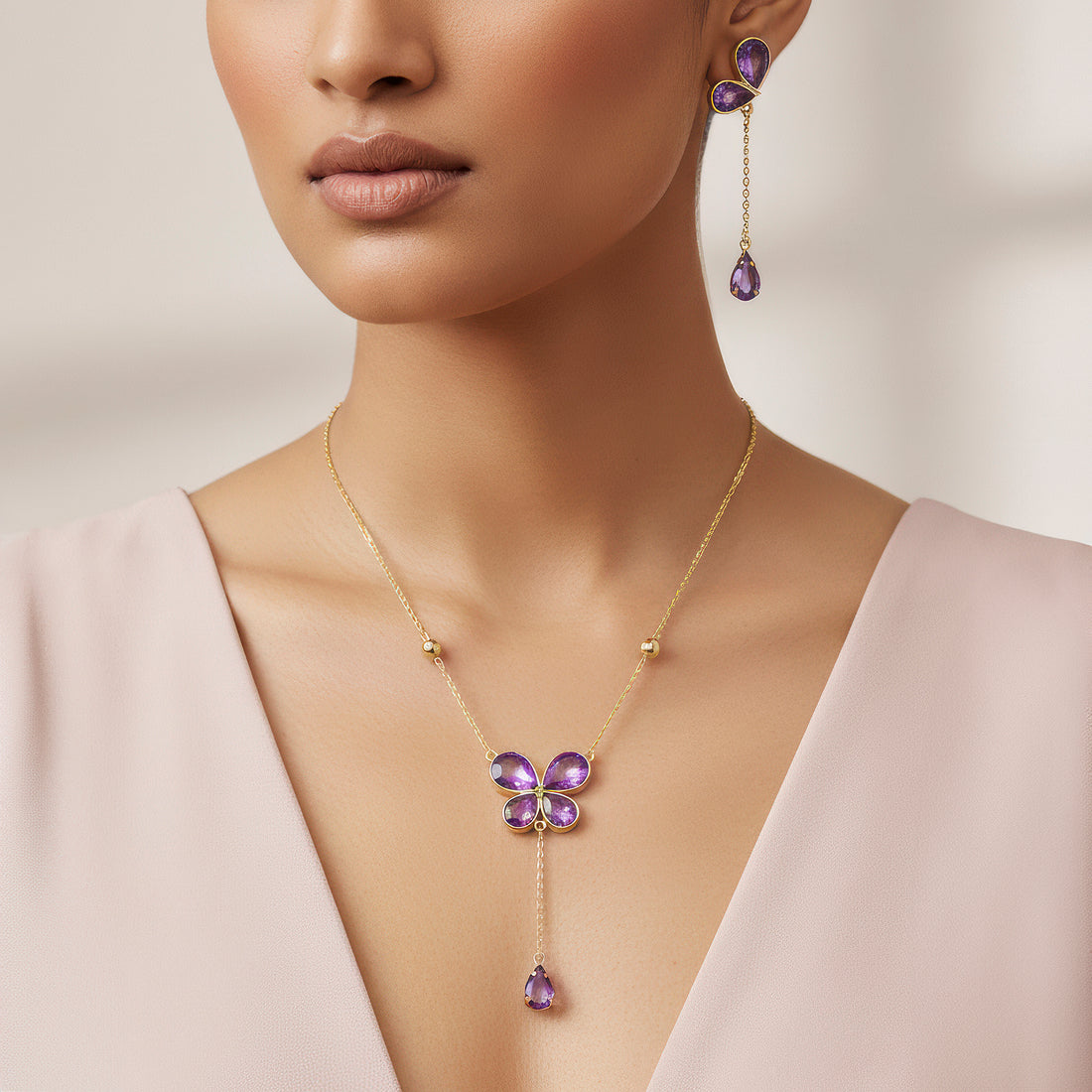 PRAO Anti-Tarnish Purple Crystal Butterfly Necklace Set  With Earrings