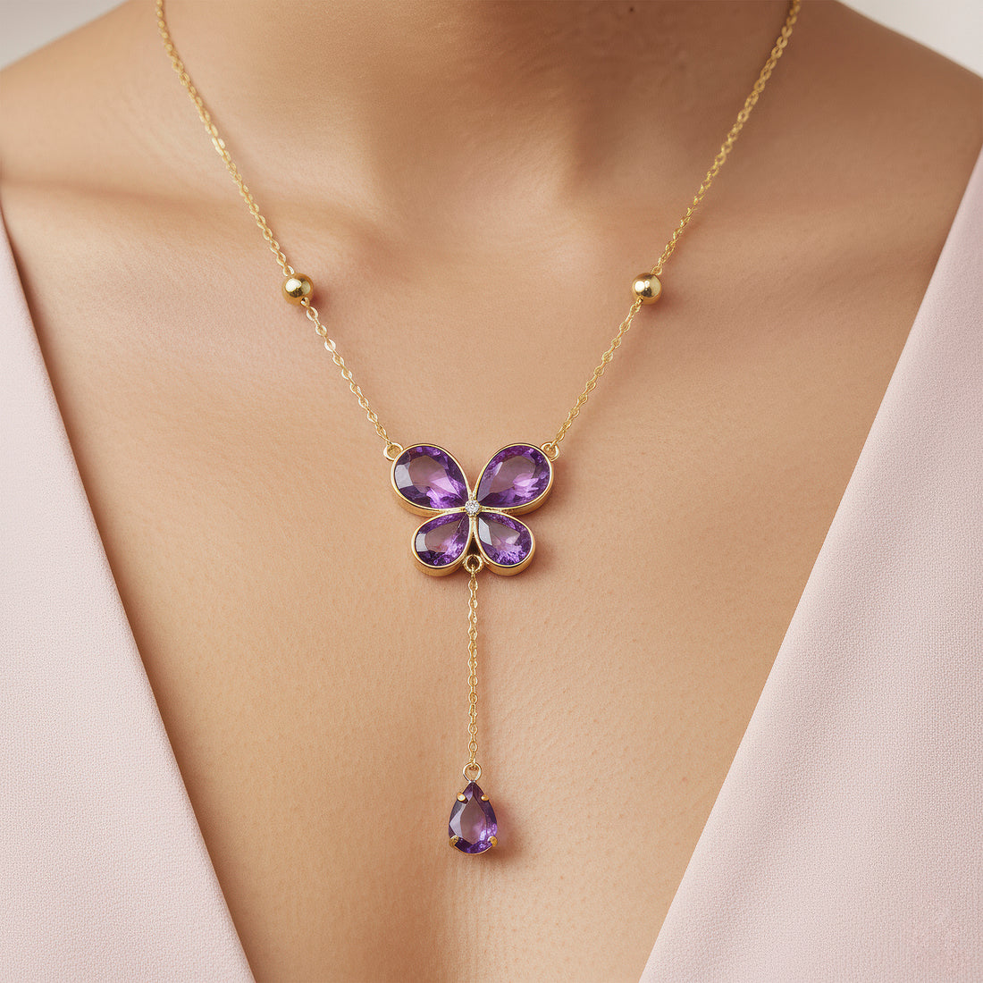 PRAO Anti-Tarnish Purple Crystal Butterfly Necklace Set  With Earrings