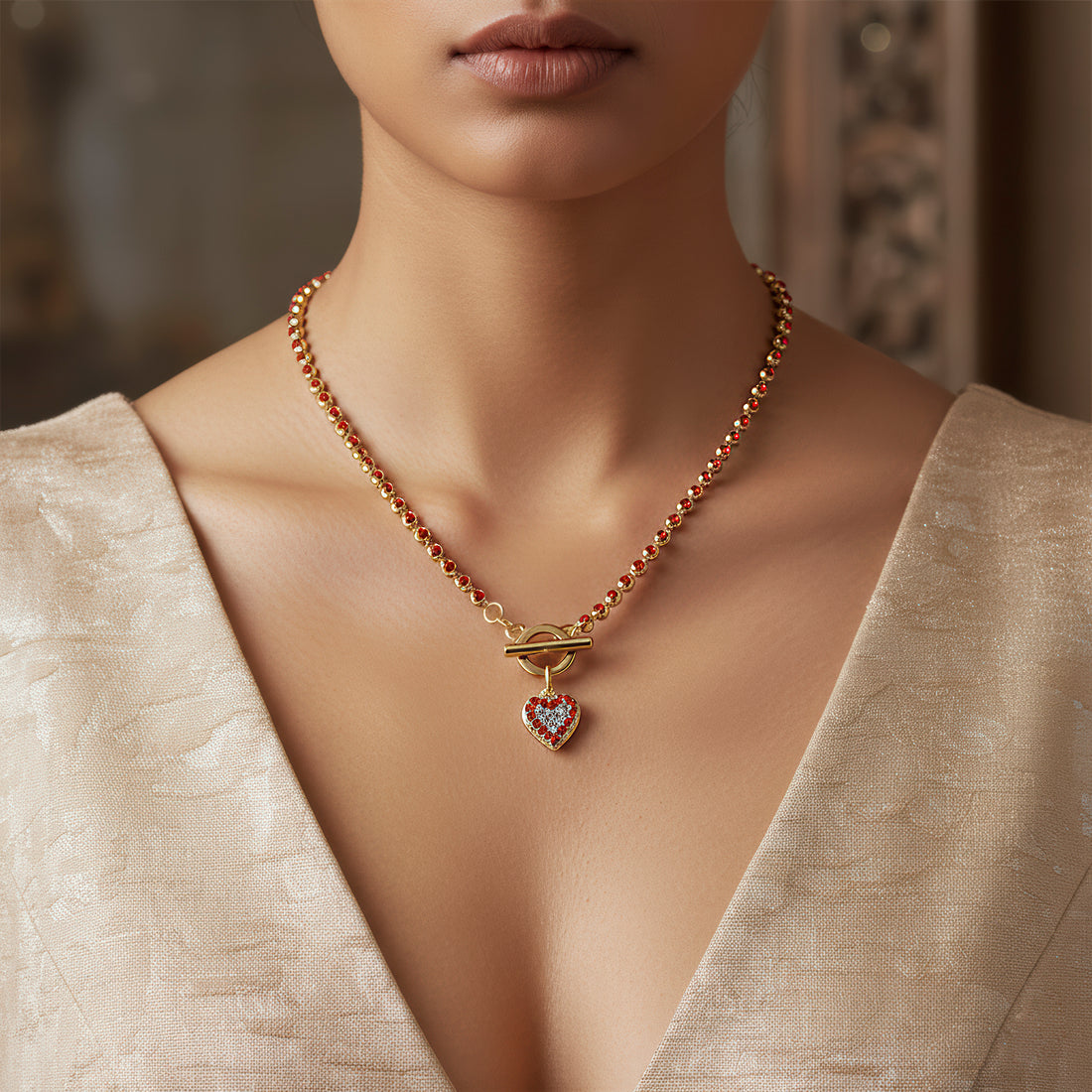 PRAO Anti-Tarnish AD-Studded Heart Charm Necklace with T-Lock