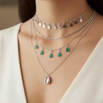 PRAO Anti-Tarnish Multilayered Crystal Charms Silver Plated Necklace