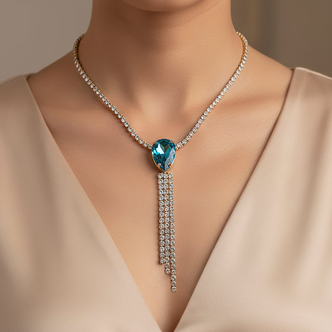 PRAO Anti-Tarnish Drop Crystal Rhinestone Tassel Hanging Necklace Set With Earrings