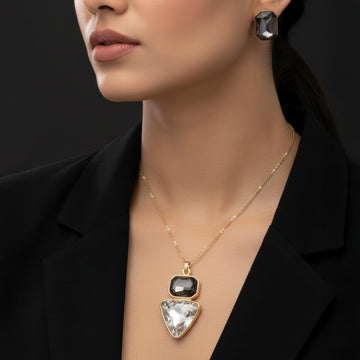 PRAO Anti-Tarnish Rectangle & Triangle Pendant Necklace with Earrings
