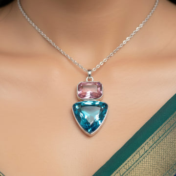 PRAO Anti-Tarnish Rectangle & Triangle Pendant Necklace with Earrings
