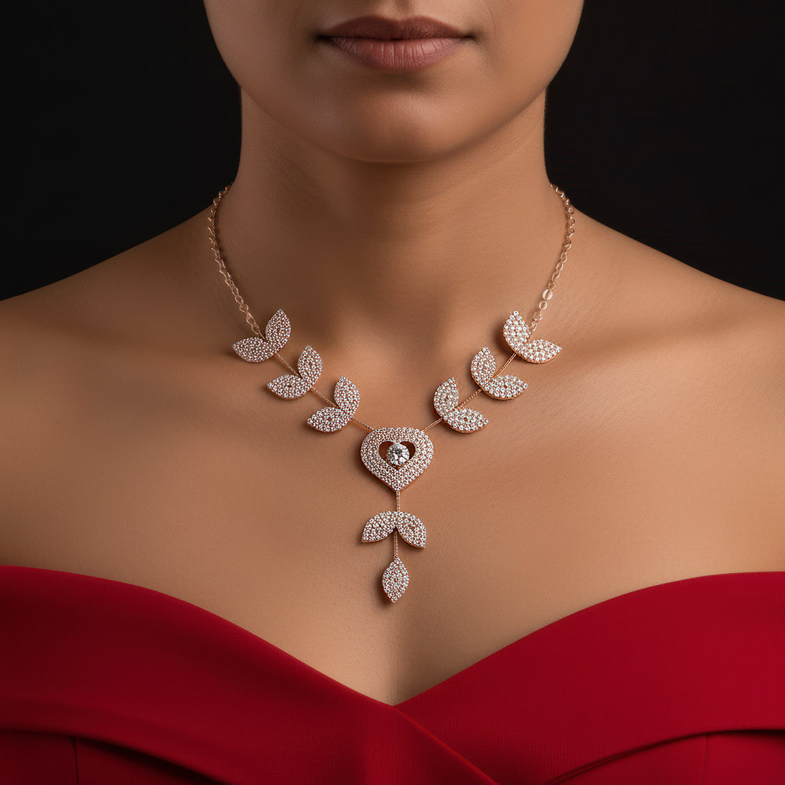 PRAO Anti-Tarnish Heart Leafy Pattern Necklace Set With Earrings