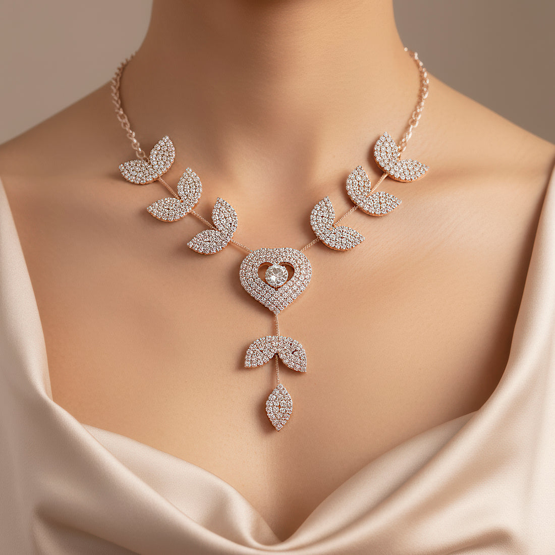 PRAO Anti-Tarnish Heart Leafy Pattern Necklace Set With Earrings