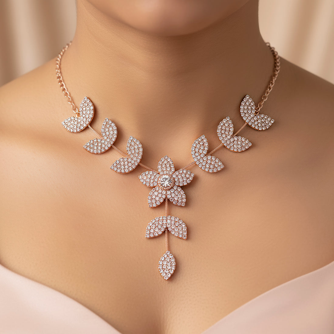 PRAO Anti-Tarnish Flower Leafy Pattern Necklace Set With Earrings