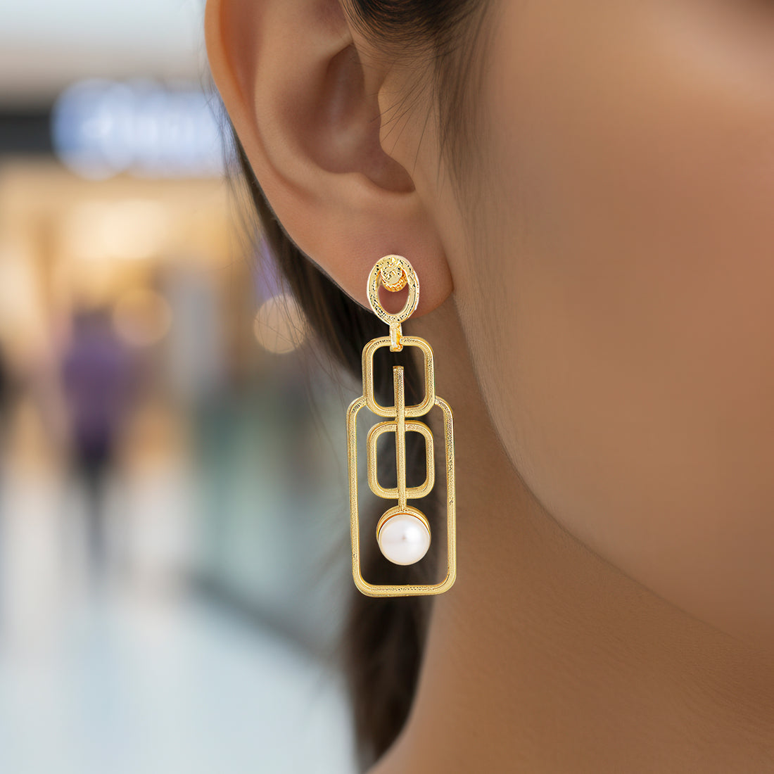 PRAO Anti-Tarnish Geometric Wired Rectangle Dangles with Pearl