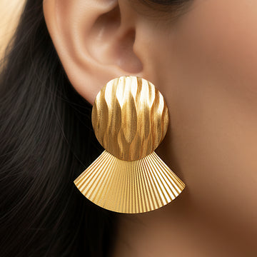 PRAO Anti-Tarnish Oval & Fan Shape Statement Earrings