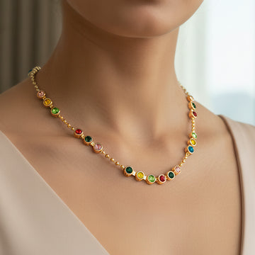 PRAO Anti-Tarnish Multi-Crystals & Ball Chain Single-Line Necklace