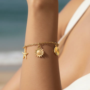 PRAO Anti-Tarnish Sunflower & Starfish Charm Bracelet (Adjustable Size)