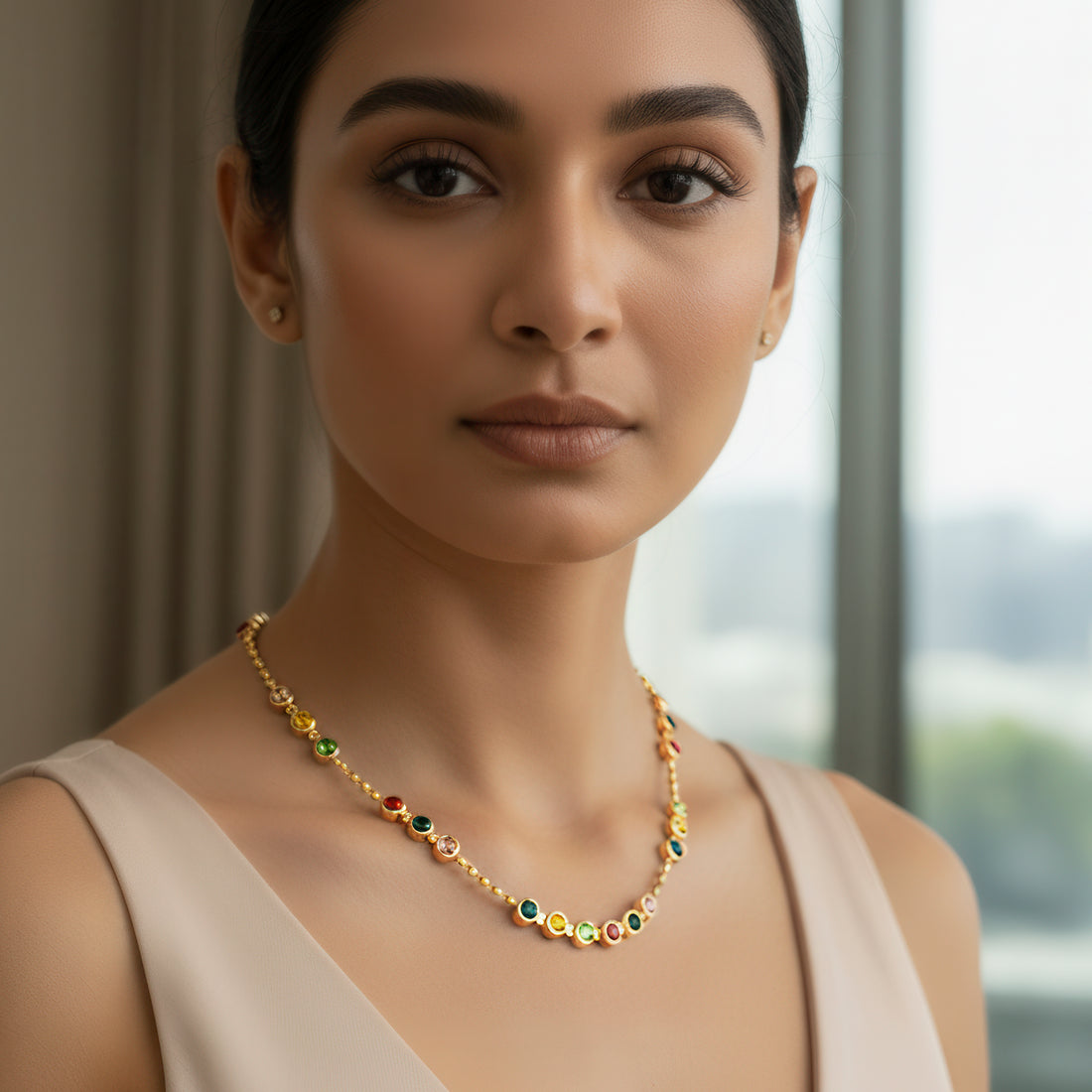 PRAO Anti-Tarnish Multi-Crystals & Ball Chain Single-Line Necklace