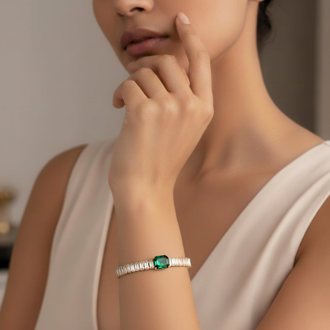 PRAO Anti-Tarnish Baguette Green Stone Chain Bracelet