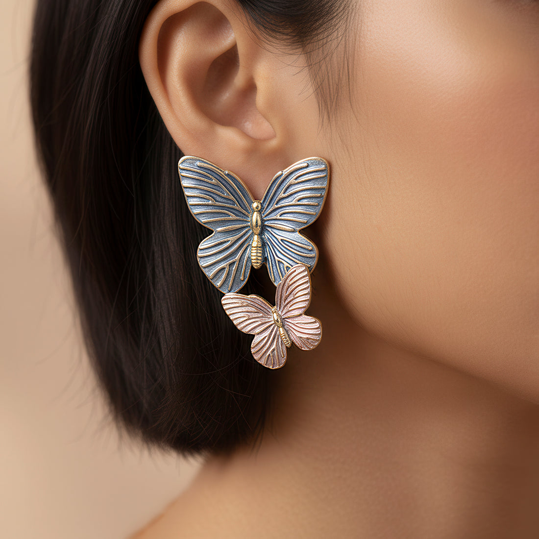 PRAO Anti-Tarnish Blue and Pink Enamel Butterfly Dangle Earrings