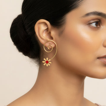 PRAO Anti-Tarnish Spiral-Wired Dangle Earrings with Floral Accent