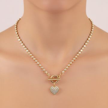PRAO Anti-Tarnish AD-Studded Heart Charm Necklace with T-Lock