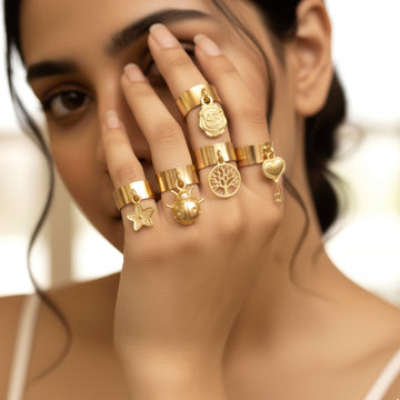 PRAO Anti-Tarnish 5 Gold Plated Charms Rings Set (Adjustable Size)