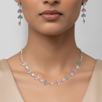 PRAO Anti-Tarnish Baguette & Square Crystals Spacer Necklace Set With Earrings