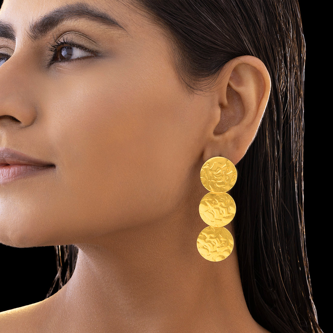 PRAO Anti-Tarnish Golden Triple Coins Textured Classy Danglers
