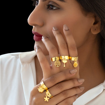 PRAO Anti-Tarnish 5 Gold Plated Charms Rings Set (Adjustable Size)