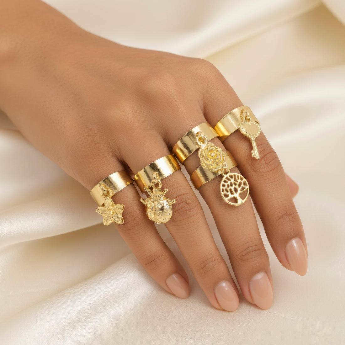 PRAO Anti-Tarnish 5 Gold Plated Charms Rings Set (Adjustable Size)
