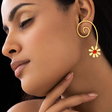 PRAO Anti-Tarnish Spiral-Wired Dangle Earrings with Floral Accent