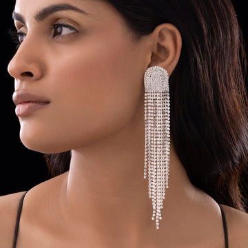 PRAO Anti-Tarnish D-Shaped Silver Statement Earrings with Rhinestone Tassels
