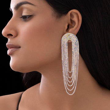 PRAO Anti-Tarnish Silver U-Shaped Rhinestone Dangle Earrings