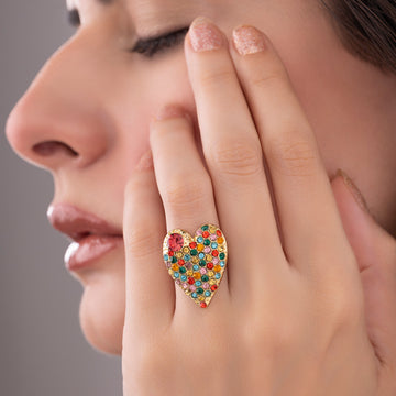 PRAO Anti-Tarnish Multi-Color Crystal Studded Heart-Shaped Ring