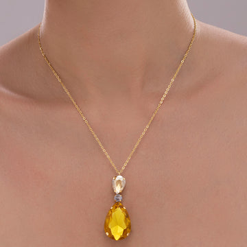 PRAO Anti-Tarnish Light Topaz Drop Crystal Pendant Necklace