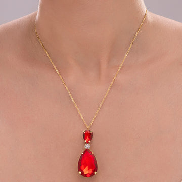 PRAO Anti-Tarnish Siam Red Drop Crystal Pendant Necklace