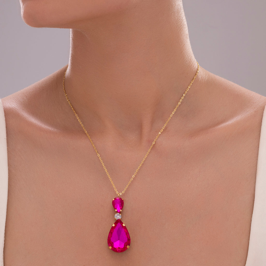 PRAO Anti-Tarnish Fuchsia Pink Drop Crystal Pendant Necklace
