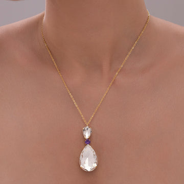 PRAO Anti-Tarnish White Drop Crystal Pendant Necklace