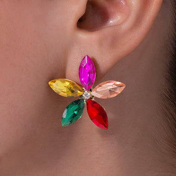 PRAO Anti-Tarnish Multicolor Crystal Flower Earrings