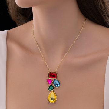 PRAO Anti-Tarnish Abstract Multi-Color Shapes Long Pendant Necklace