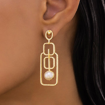 PRAO Anti-Tarnish Geometric Wired Rectangle Dangles with Pearl