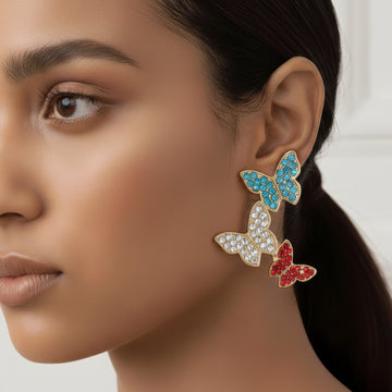 PRAO Anti-Tarnish Tri-Tone Butterfly Dangle Earrings
