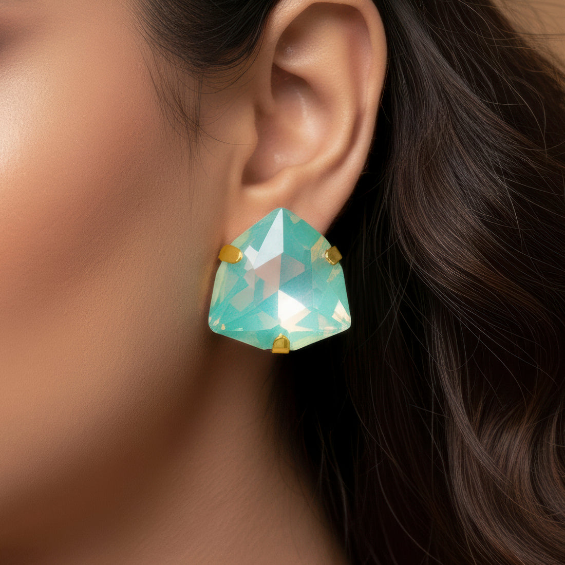 PRAO Anti-Tarnish Sea Green Trillion Stone Studs